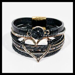 GOLD TONE HEART, RHINESTONE, MULTI-STRAND BLACK FAUX LEATHER ROPE BRACELET